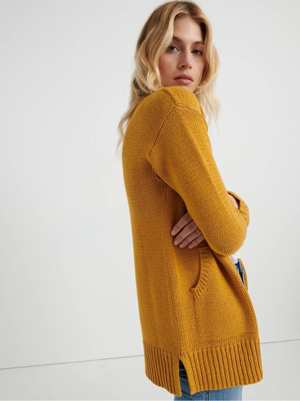 Lucky Brand Sweater Womens Small Gold Yellow Cardigan Open Front Long Sleeve - Picture 2 of 9